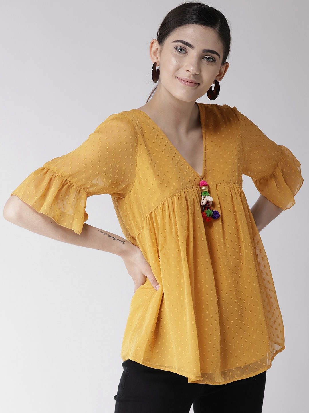 

Antheaa Women Mustard Yellow Dobby Weave A-Line Top