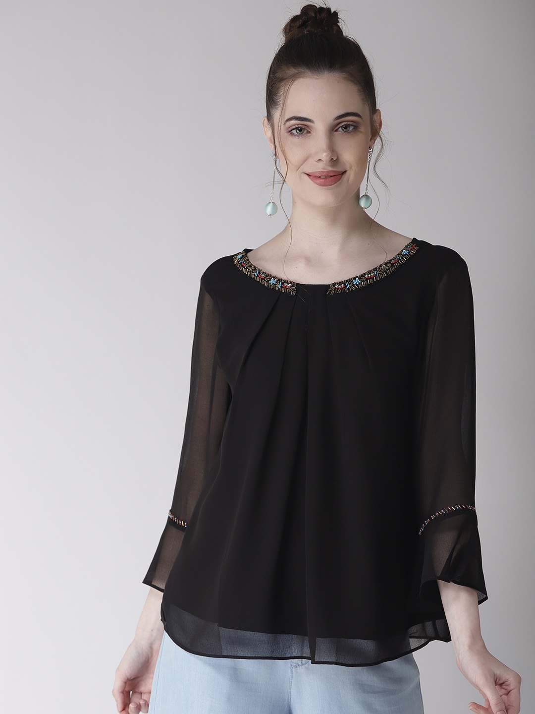 

Antheaa Black Embellished A-Line Top