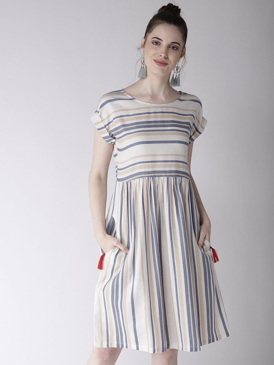 

Antheaa Women Off-White & Blue Striped A-Line Dress
