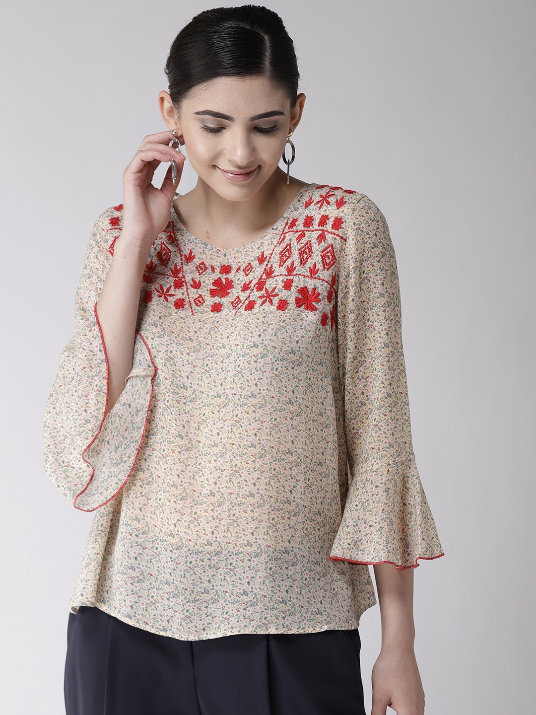 

Antheaa Women Beige & Red Printed A-Line Top