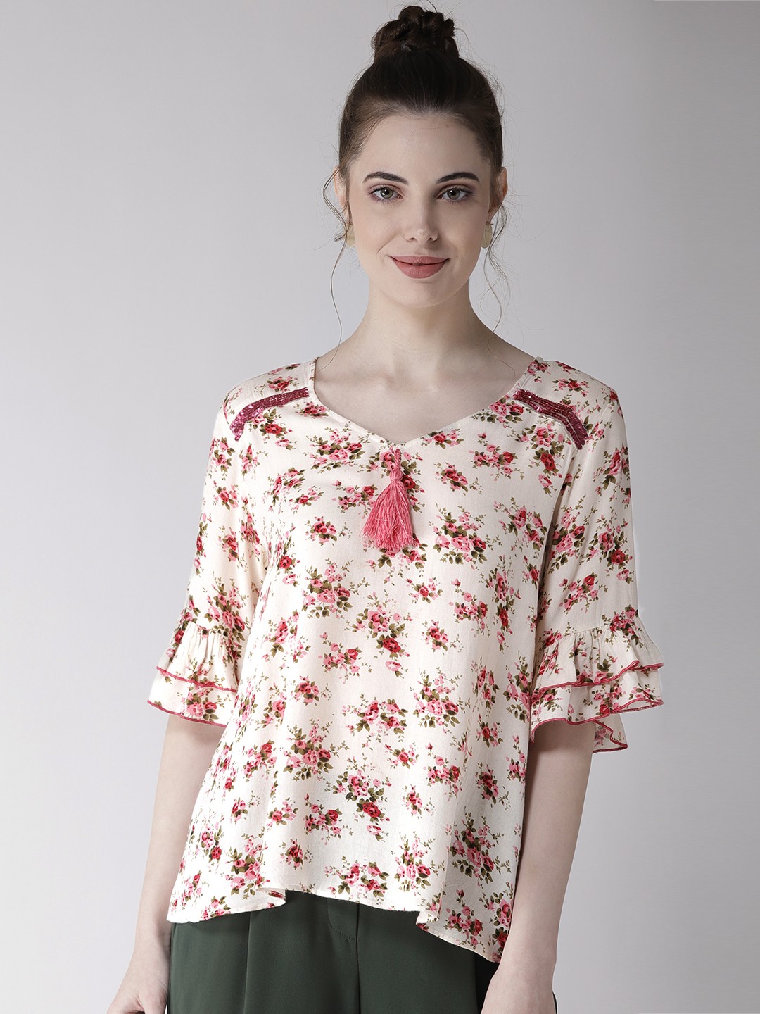 

Antheaa Women Off-White & Pink Printed A-Line Top