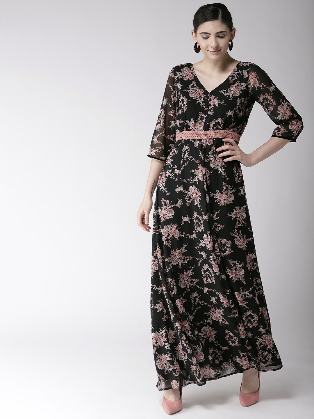

Antheaa Women Black & Pink Printed Maxi Dress
