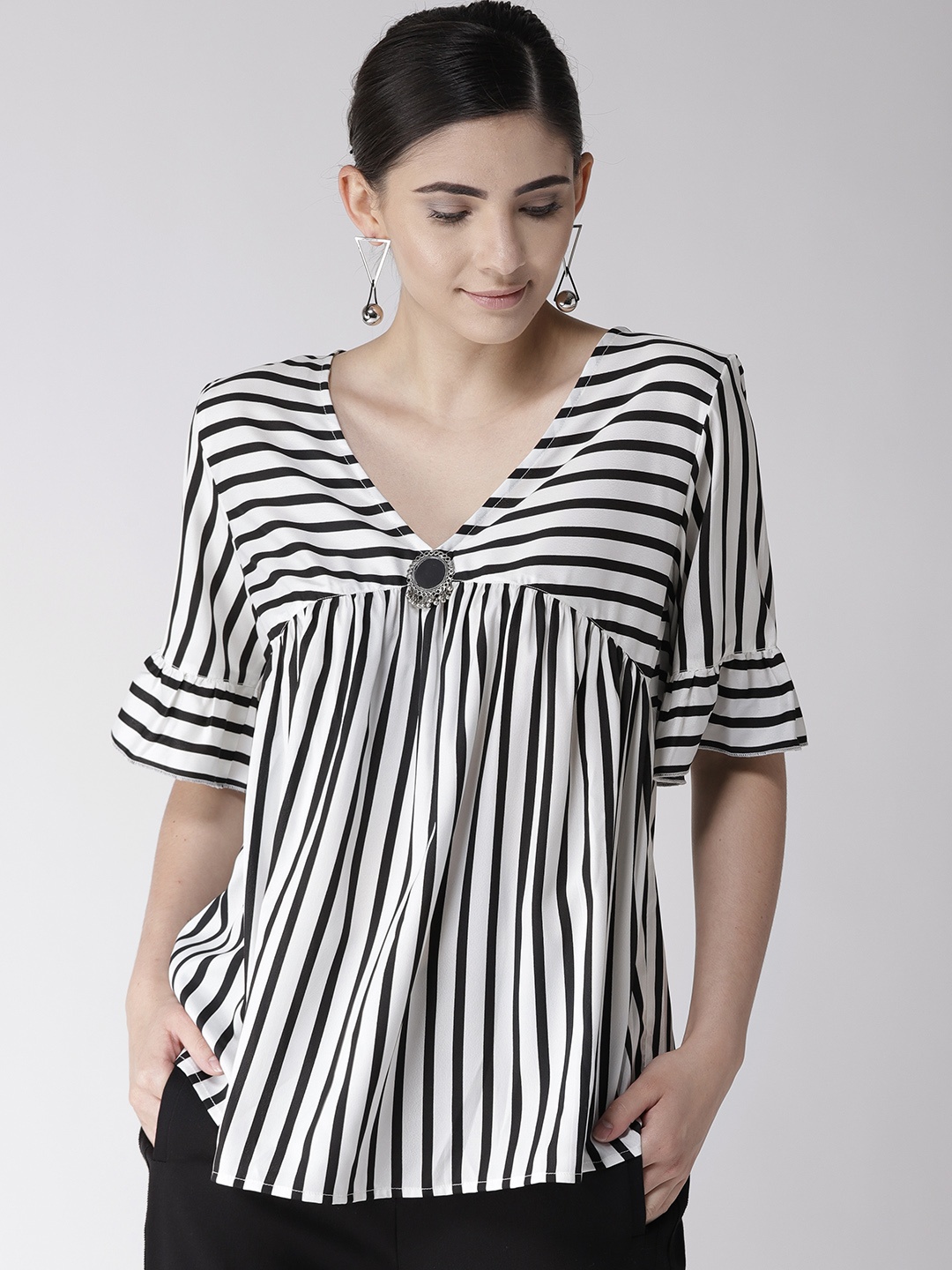 

Antheaa Women White & Black Striped A-Line Top