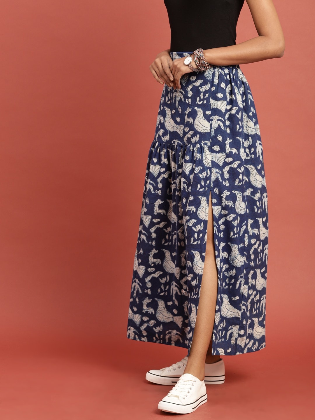 

Taavi Blue & Off-White Indigo Hand Block Print Maxi Flared Sustainable Pure Cotton Skirt with Gathers & Slit