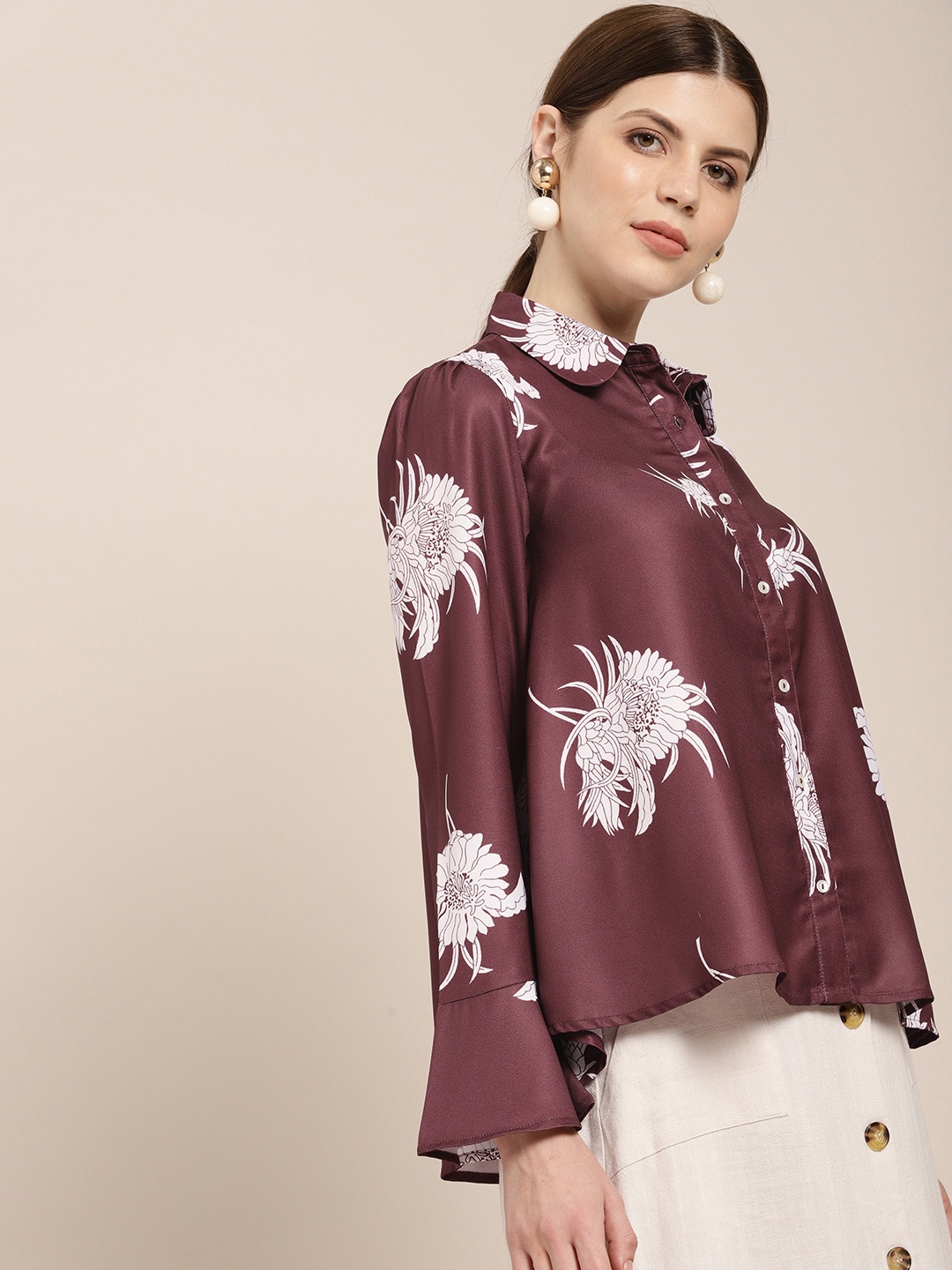 

her by invictus Women Burgundy & White Regular Fit Printed Casual Shirt