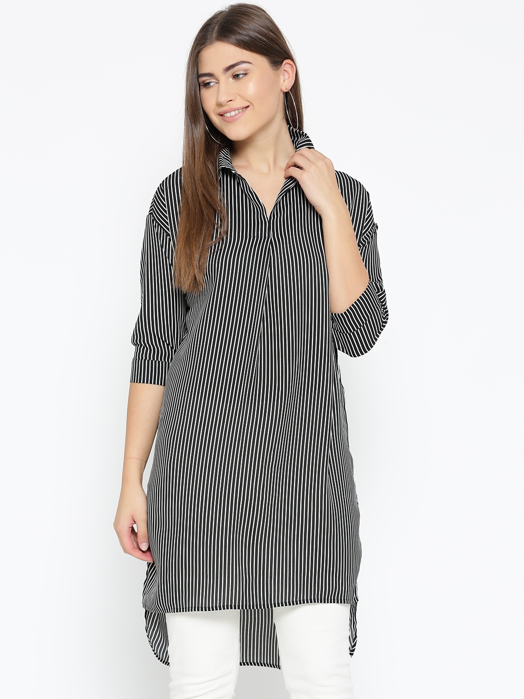 

Miss Bennett Women Black & White Striped High-Low Longline Top