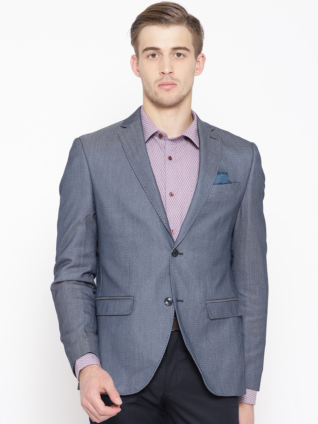 

Blackberrys Men Navy Blue & Grey Self-Design Slim Fit Single-Breasted Formal Blazer