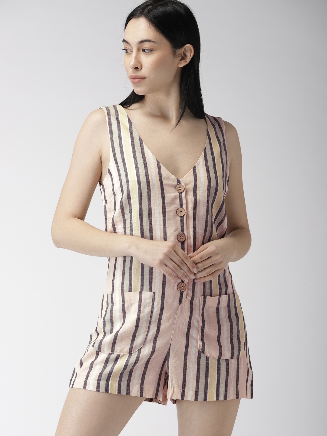 

FOREVER 21 Pink & Navy Blue Striped Playsuit