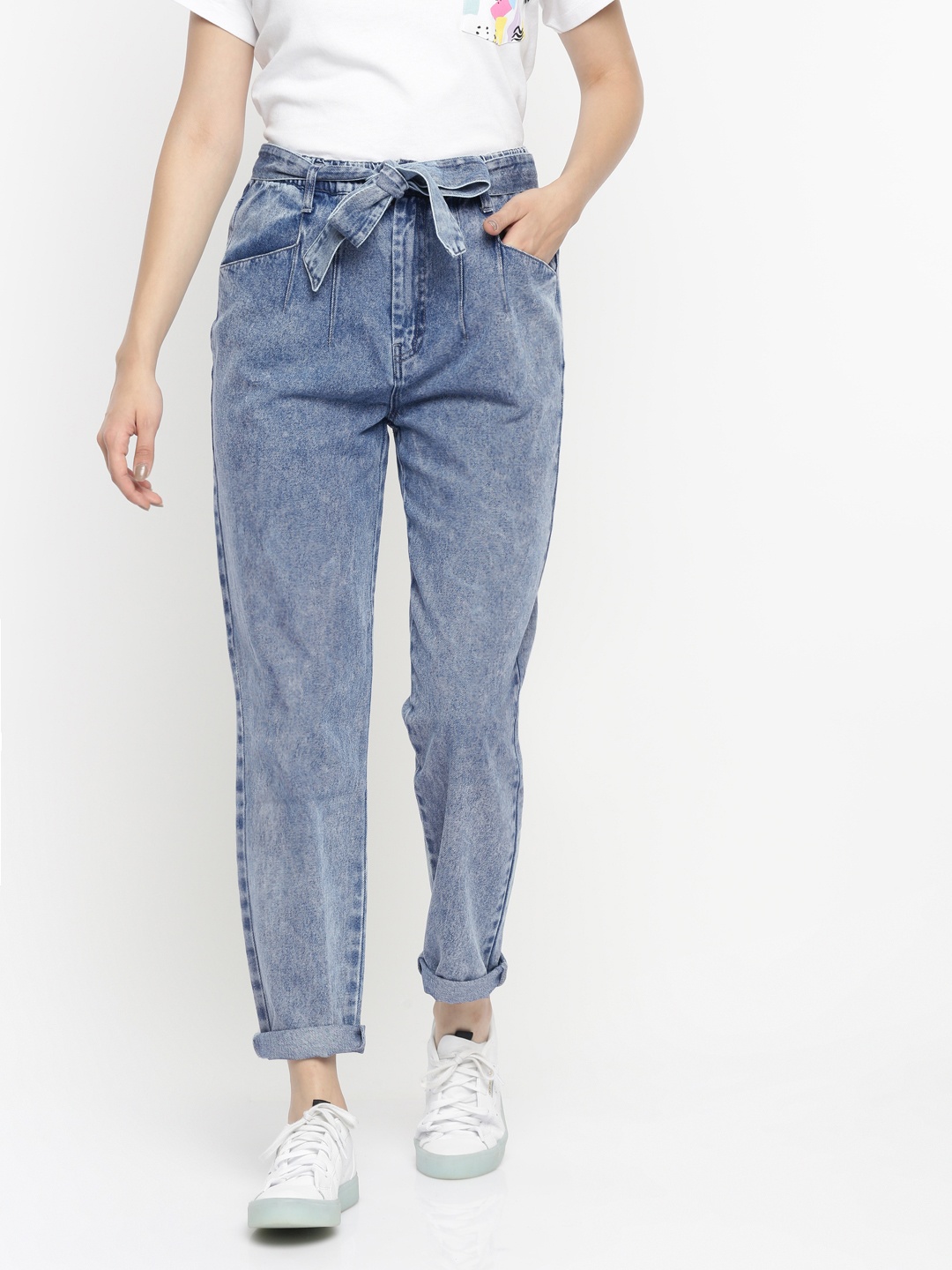 

FOREVER 21 Women Blue Loose Fit Solid Denim Peg Trousers
