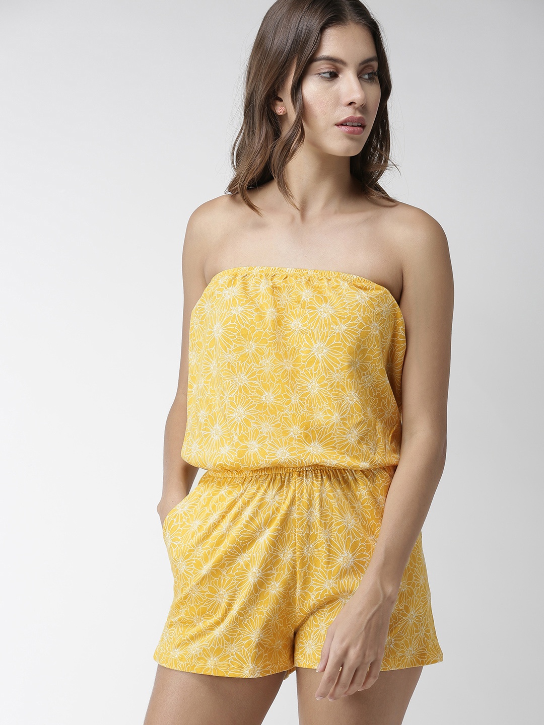 

FOREVER 21 Yellow & White Printed Playsuit