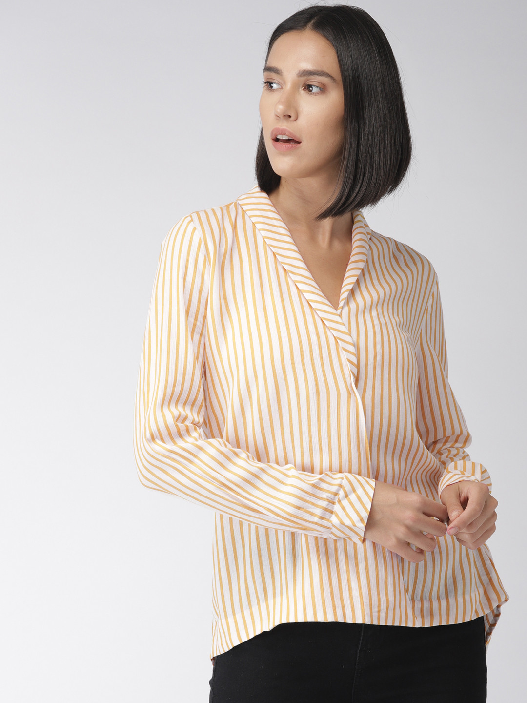 

FOREVER 21 Women White & Mustard Yellow Striped Wrap Top