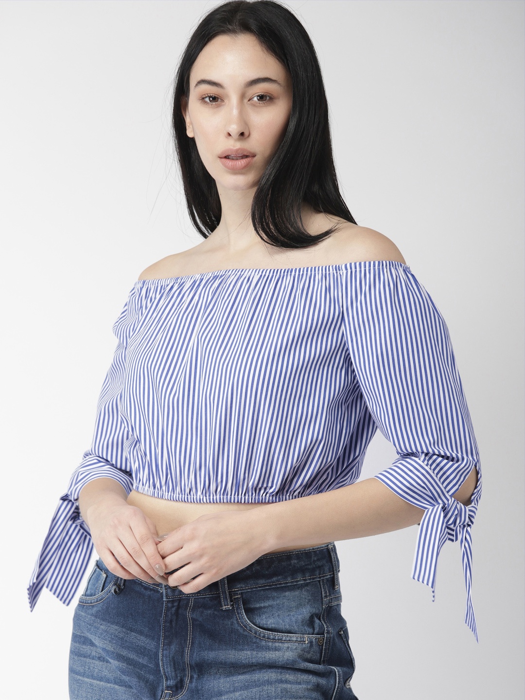 

FOREVER 21 Women Blue & White Striped Bardot Top