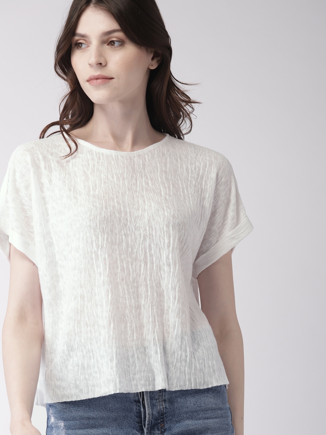 

FOREVER 21 Women White Solid Round Neck T-shirt