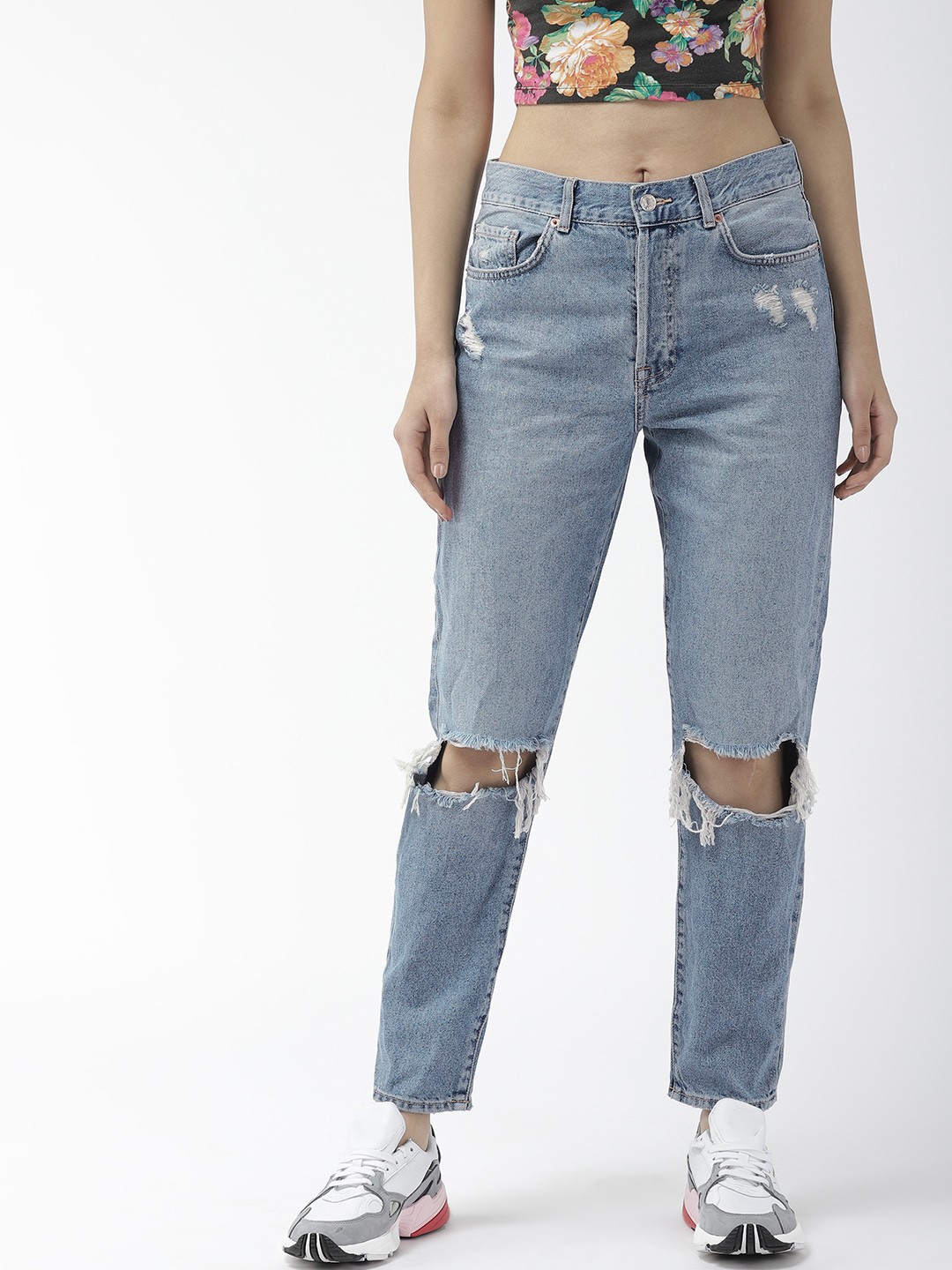 

FOREVER 21 Women Blue Regular Fit Mid-Rise Highly Distressed Jeans