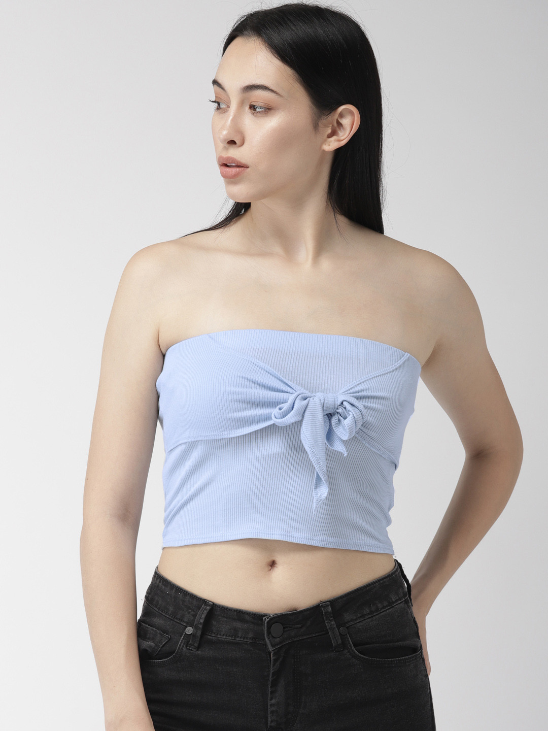 

FOREVER 21 Women Periwinkle Blue Solid Crop Tube Top