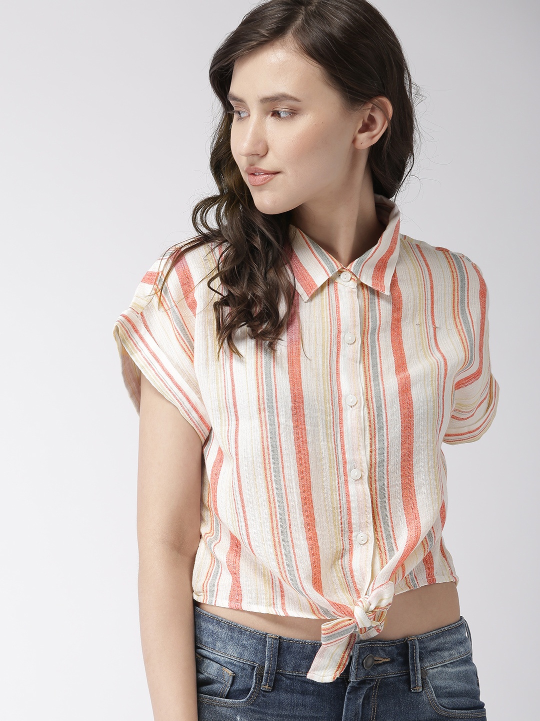 

FOREVER 21 Women Off-White & Red Striped Shirt Style Crop Pure Cotton Top