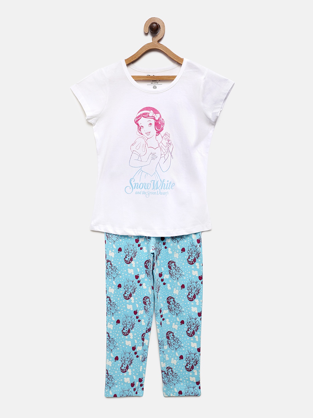 

TAMBOURINE Girls White & Blue Printed Snow White Night suit DHS-GNST-064