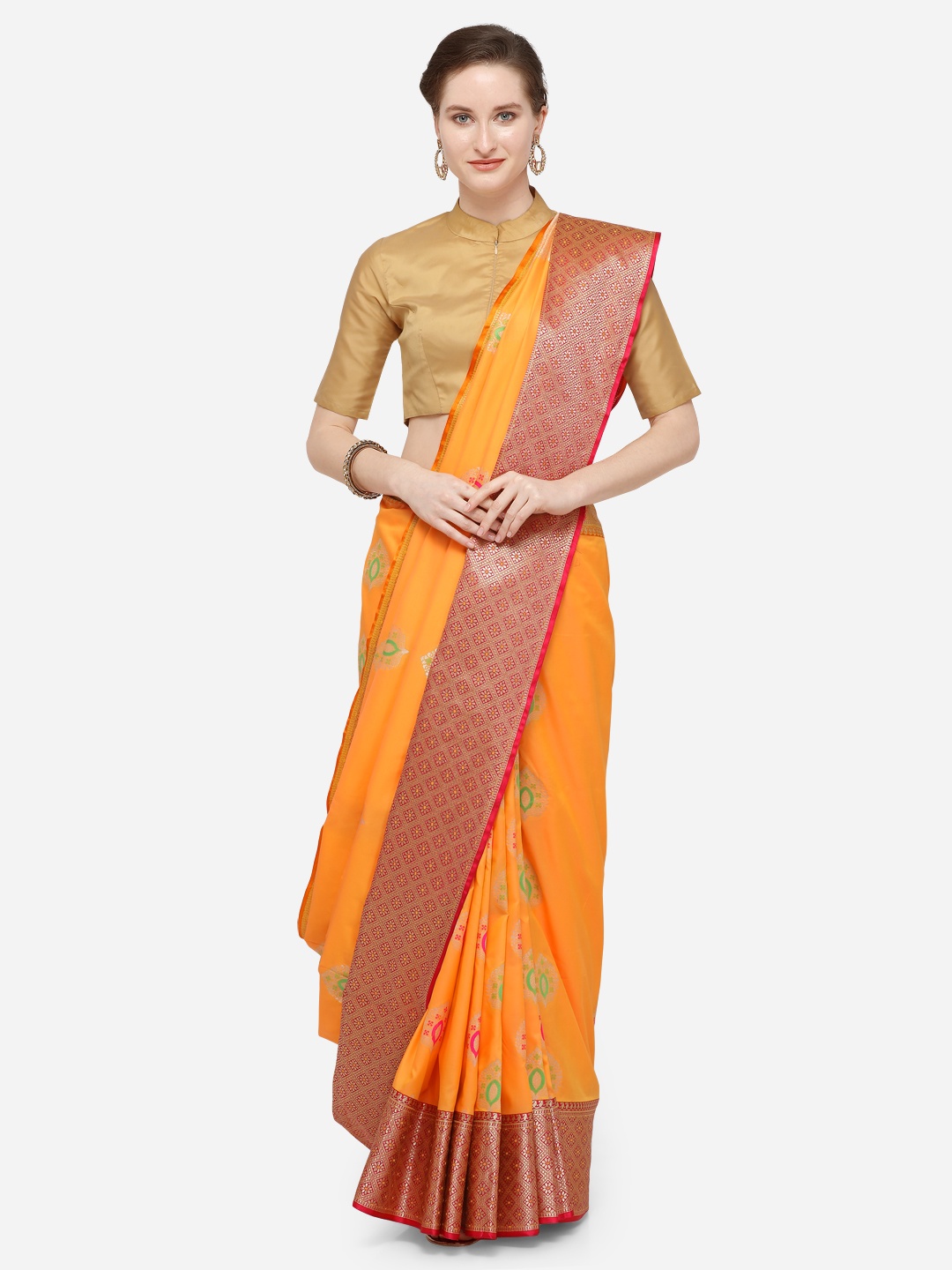 

Varkala Silk Sarees Orange & Red Silk Blend Woven Design Banarasi Saree