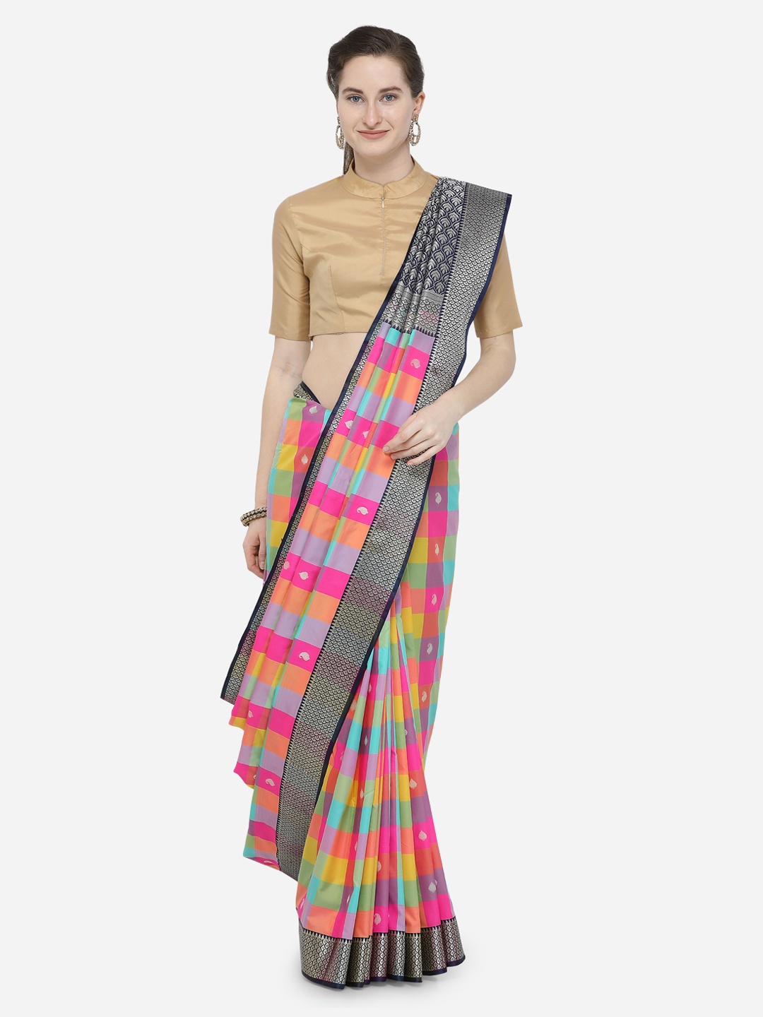 

Varkala Silk Sarees Multicoloured Silk Blend Checked Banarasi Saree, Multi