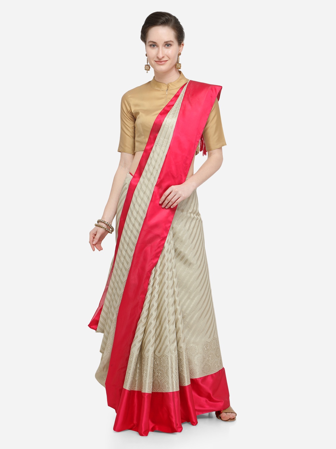 

Varkala Silk Sarees Women Off-White & Pink Silk Blend Woven Design Leheriya Saree