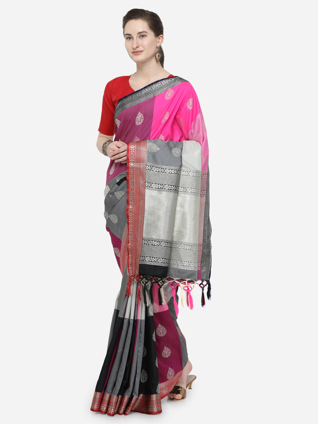 

Varkala Silk Sarees Pink & Black Silk Blend Woven Design Banarasi Saree