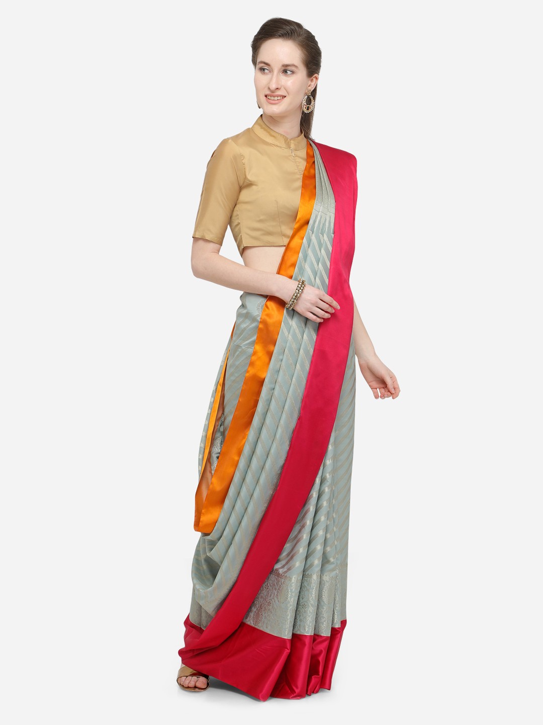 

Varkala Silk Sarees Women Silver-Toned & Pink Silk Blend Striped Leheriya Saree