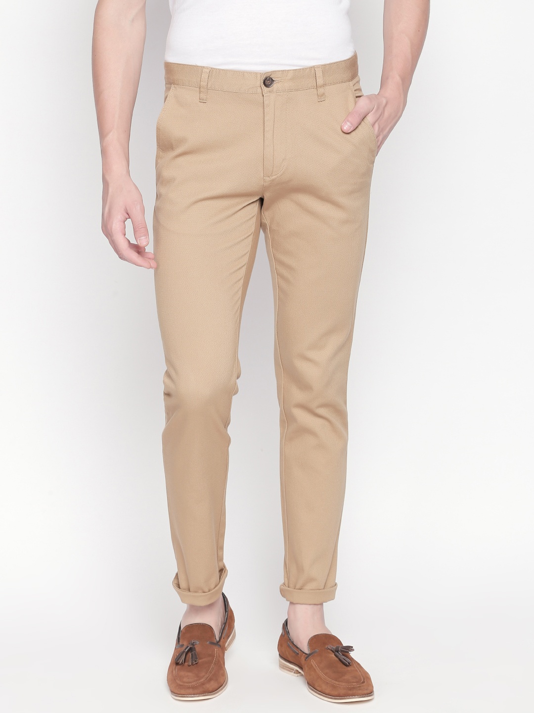 

BYFORD by Pantaloons Men Beige Slim Fit Self Design Regular Trousers