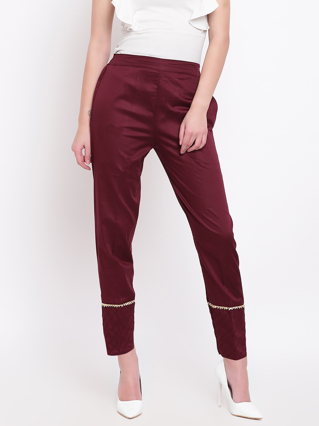 

RIVI Women Maroon Regular Fit Solid Regular Trousers