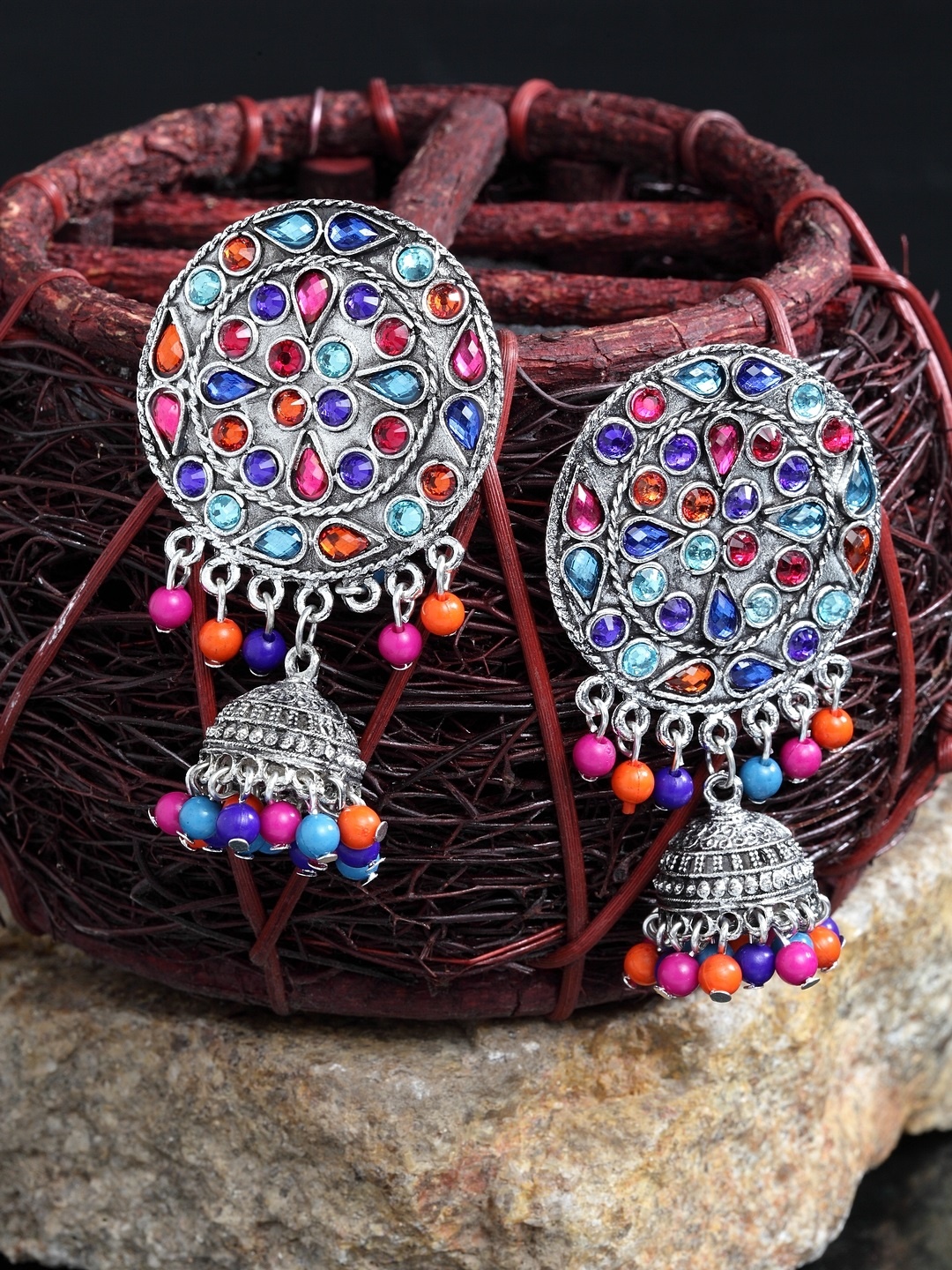 

Moedbuille Silver-Plated & Afghan Dome Shaped Jhumkas, Multi