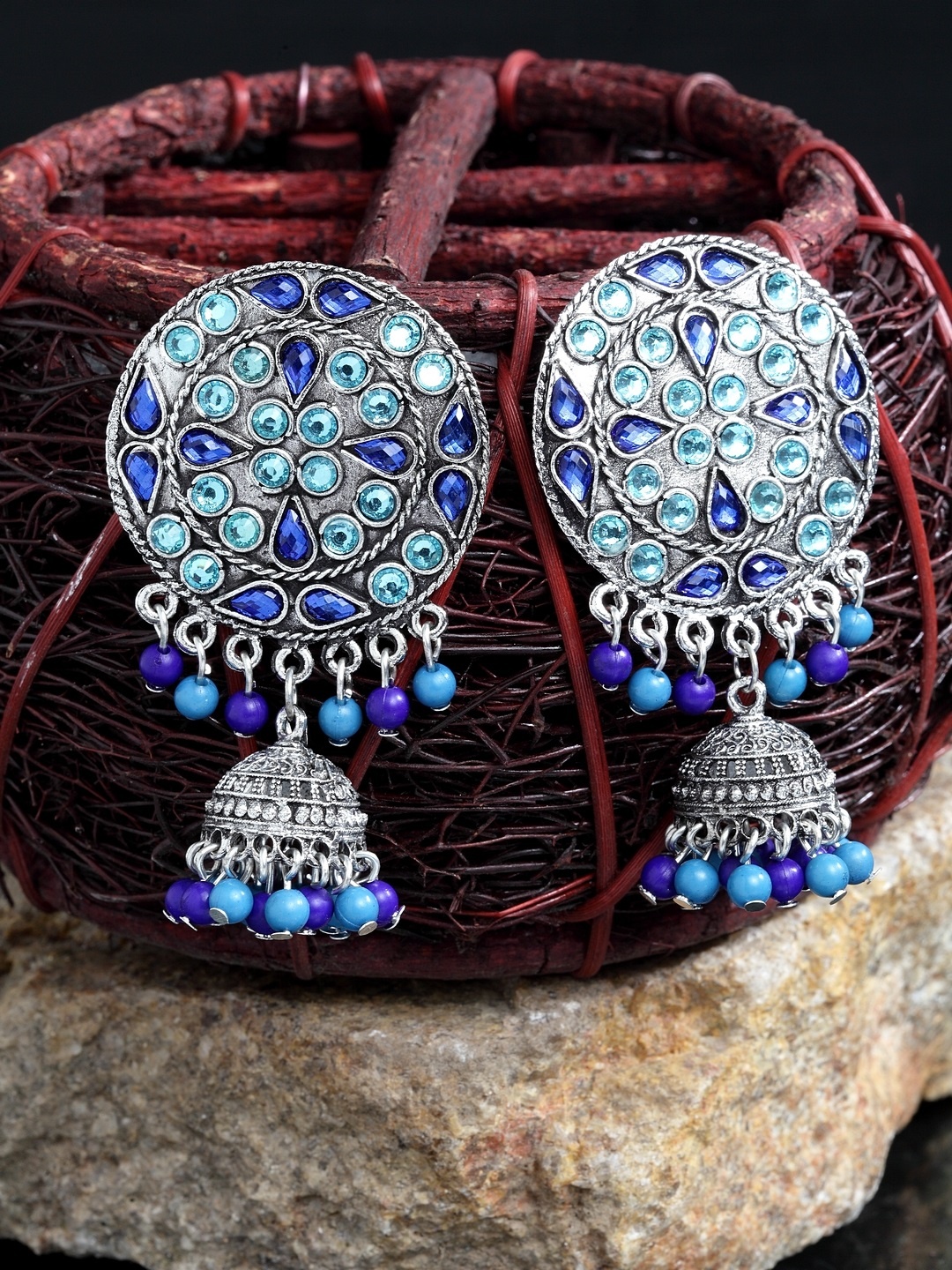 

Moedbuille Silver-Plated & Afghan Dome Shaped Jhumkas, Blue