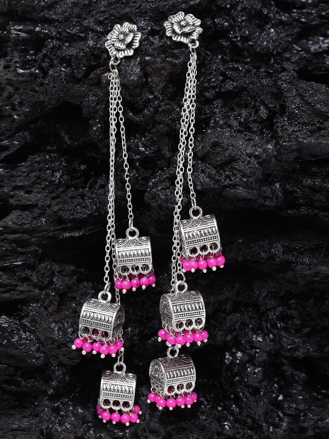 

Moedbuille Silver-Plated & Pink Contemporary Jhumkas