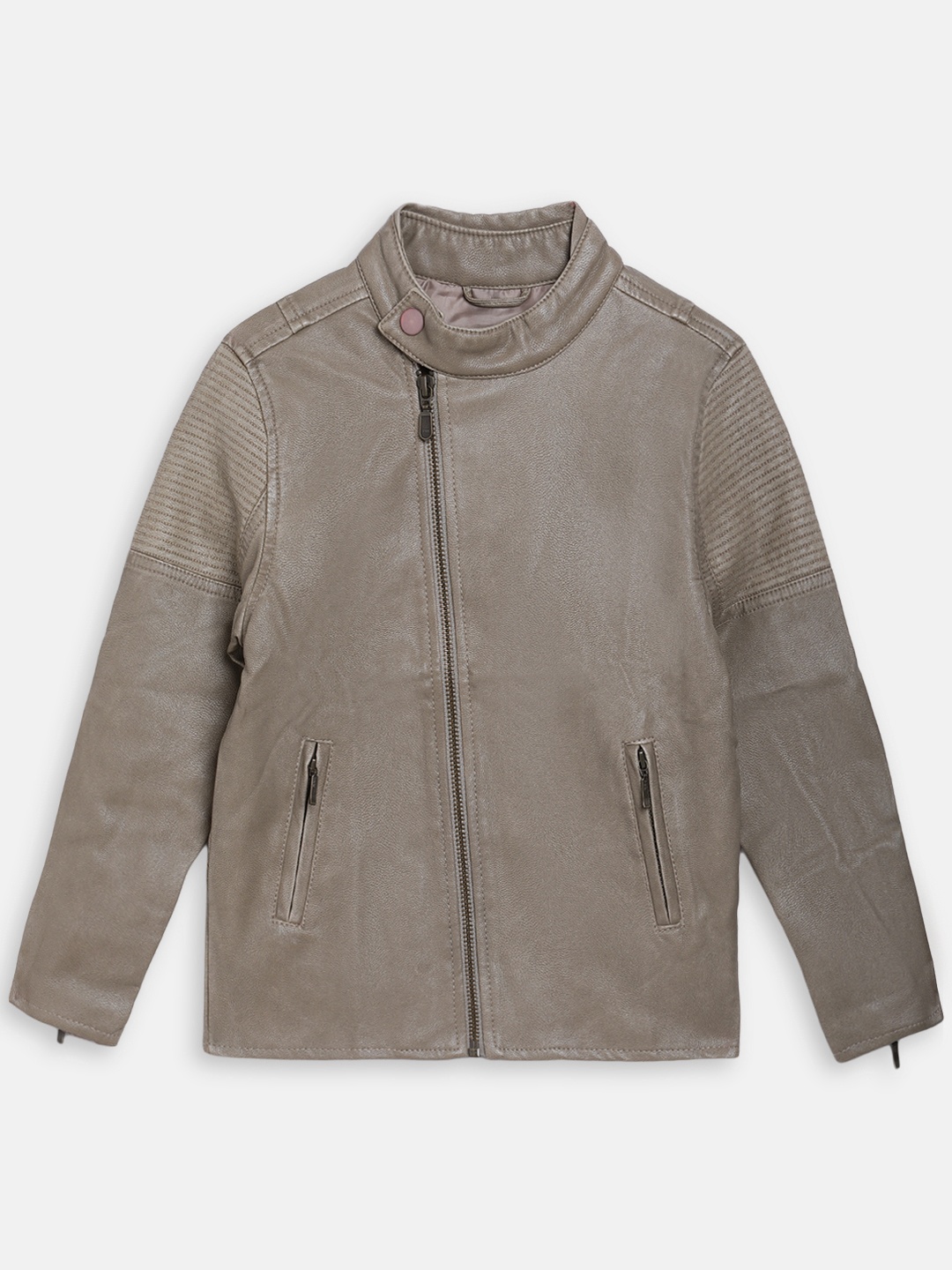 

Blue Giraffe Boys Beige Solid Biker Jacket