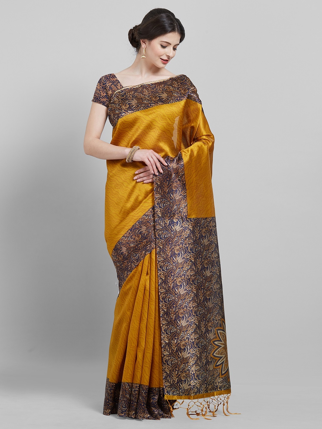

Saree mall Mustard Yellow Printed Art Silk Saree