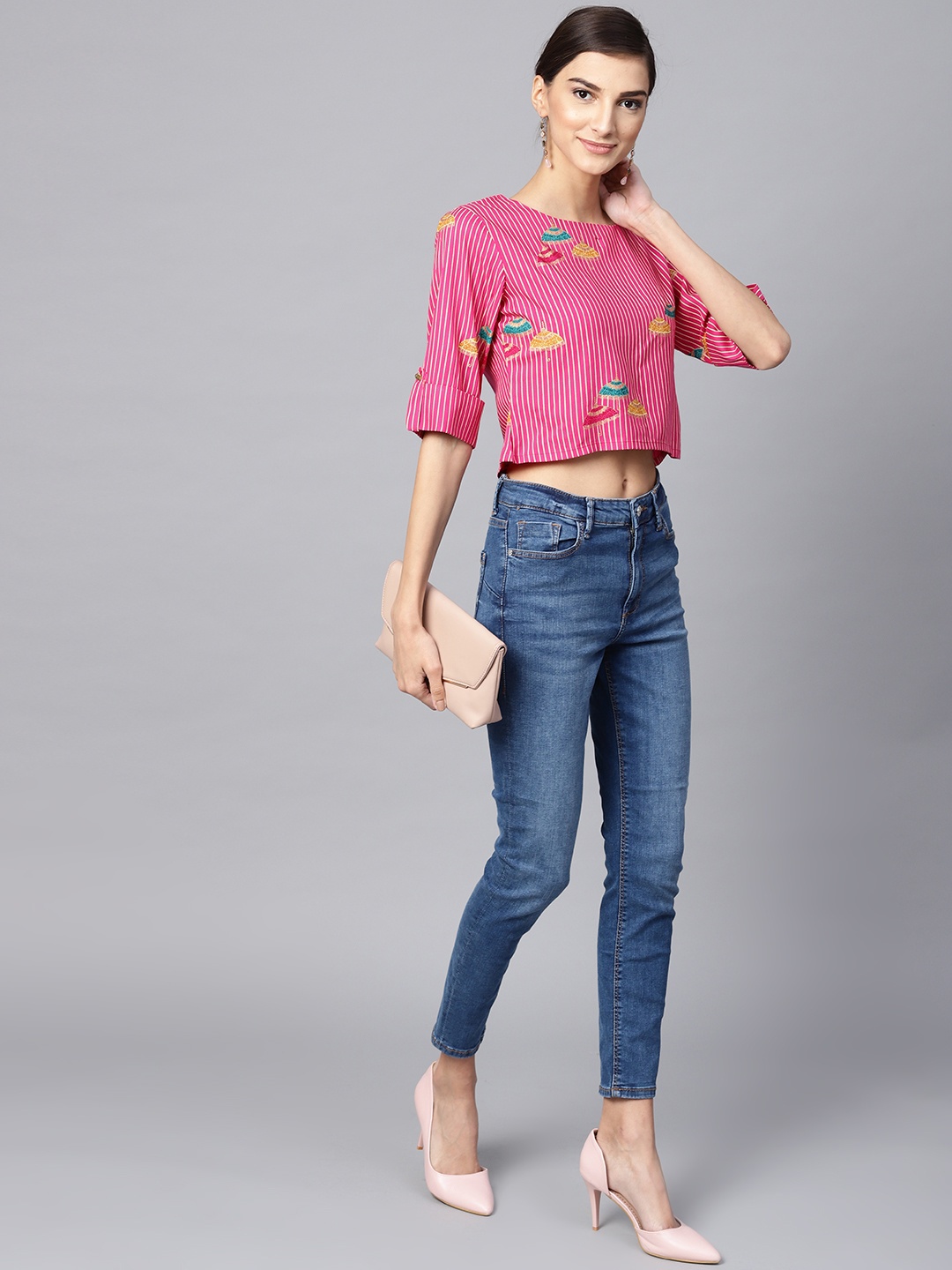 

Varanga Women Fuchsia & Beige Striped Crop Top
