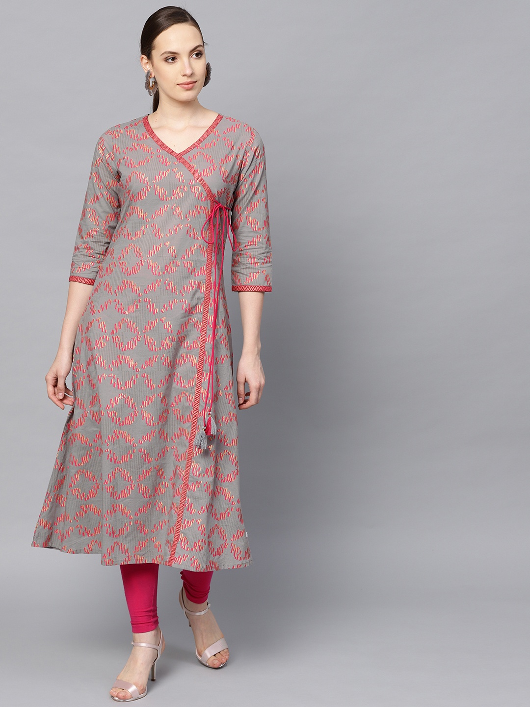 

Varanga Women Grey & Pink Printed Angrakha A-Line Kurta