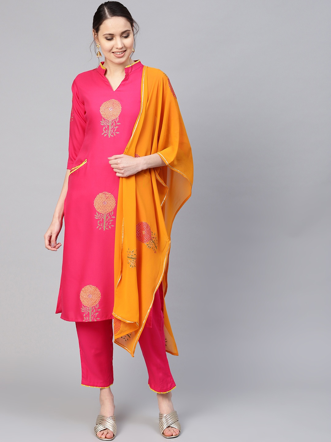 

Ahalyaa Women Fuchsia & Mustard Yellow Printed Kurta with Trousers & Dupatta