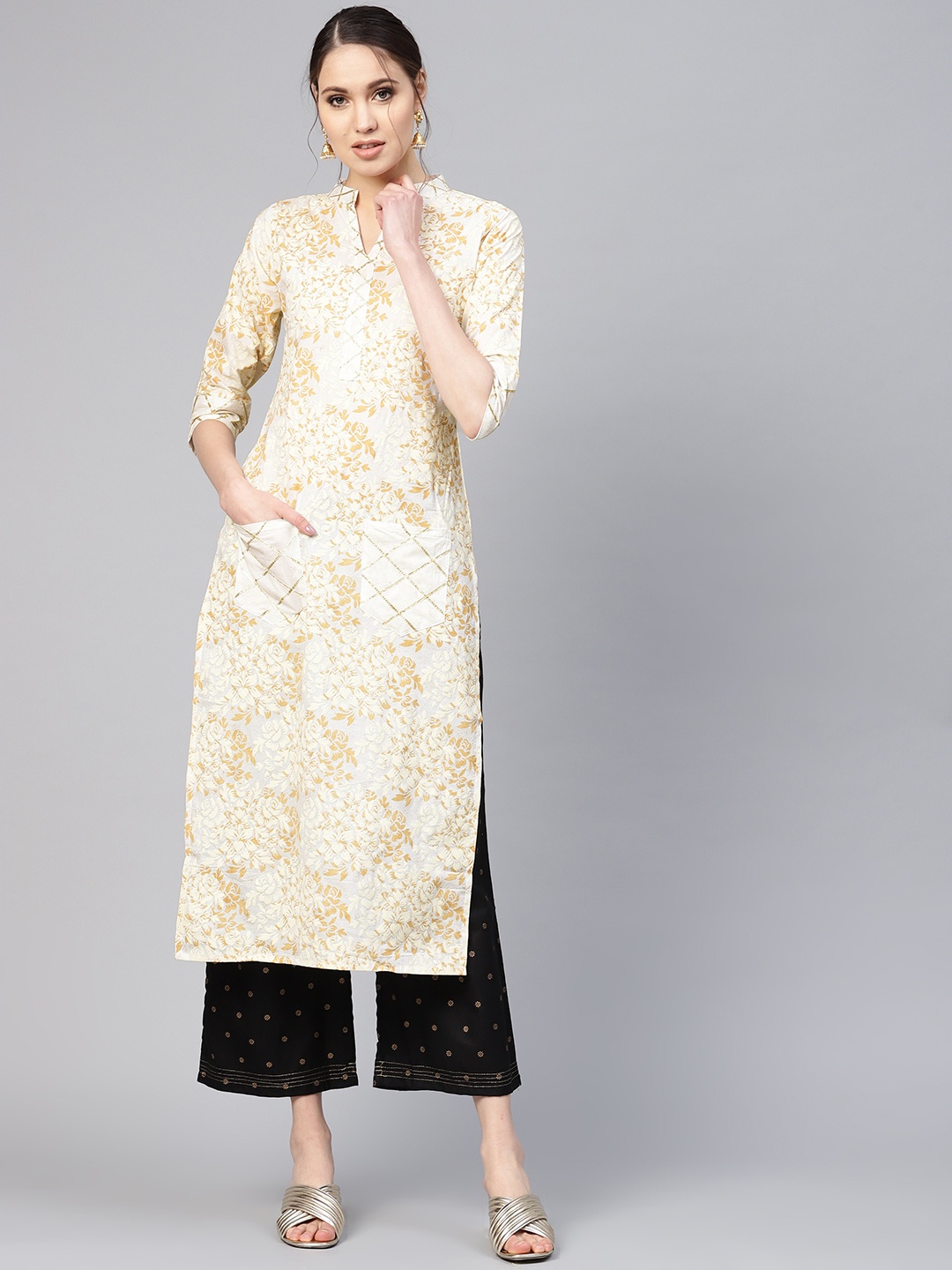 

Ahalyaa Women White & Beige Printed Straight Kurta