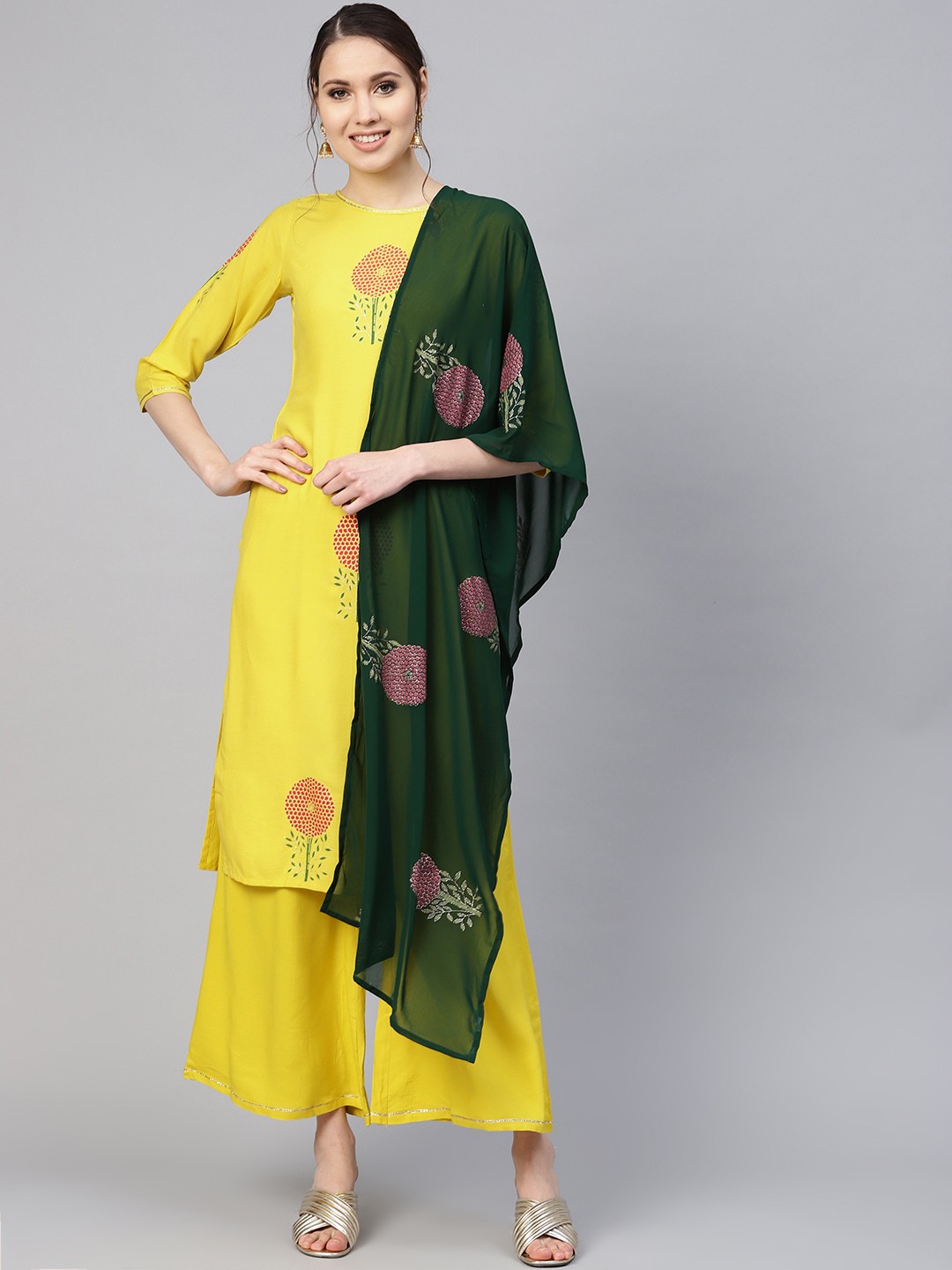 

Ahalyaa Women Yellow & Green Printed Kurta with Palazzos & Dupatta