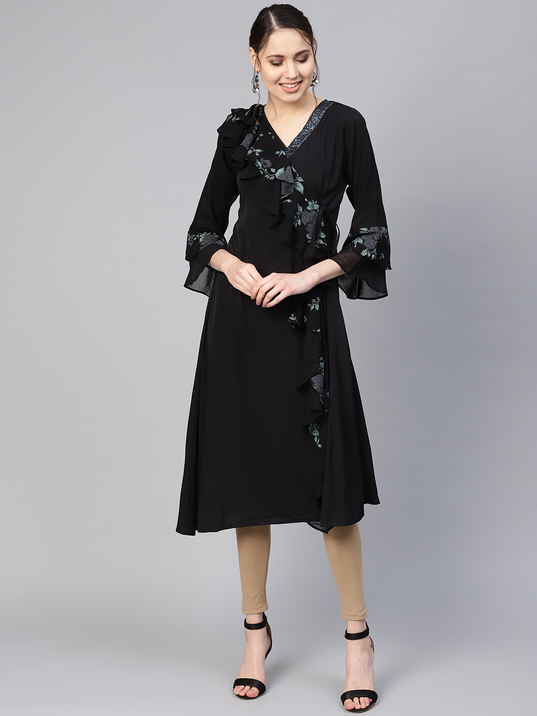 

Ahalyaa Women Black Printed Angrakha A-Line Kurta