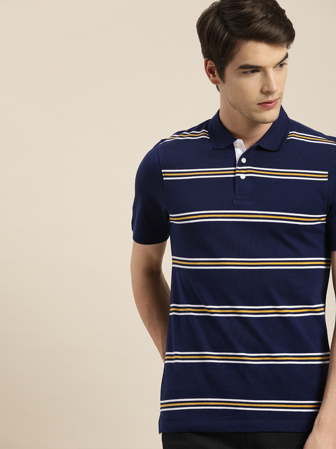 

INVICTUS Men Navy Blue Mustard Yellow Striped Slim Fit Polo Collar Pure Cotton T-shirt