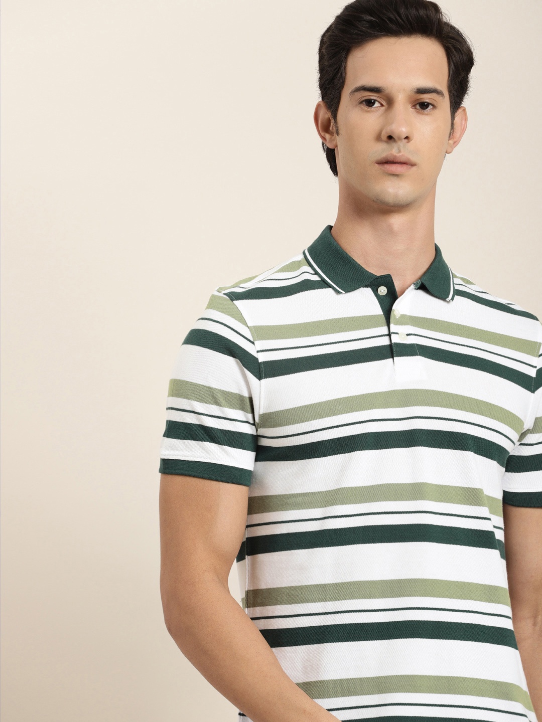 

INVICTUS Men White Green Striped Polo Collar Pure Cotton T-shirt