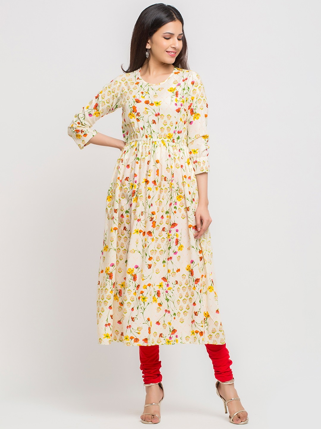 

YASH GALLERY Women Cream-Coloured & Red Floral Printed Anarkali Kurta
