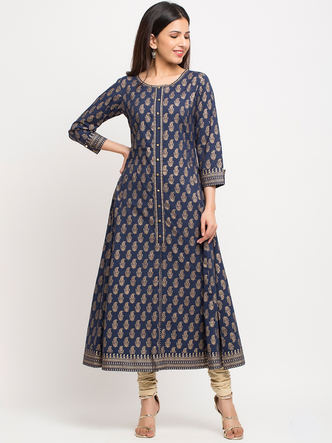

YASH GALLERY Women Blue & Gold-Toned Printed A-Line Kurta