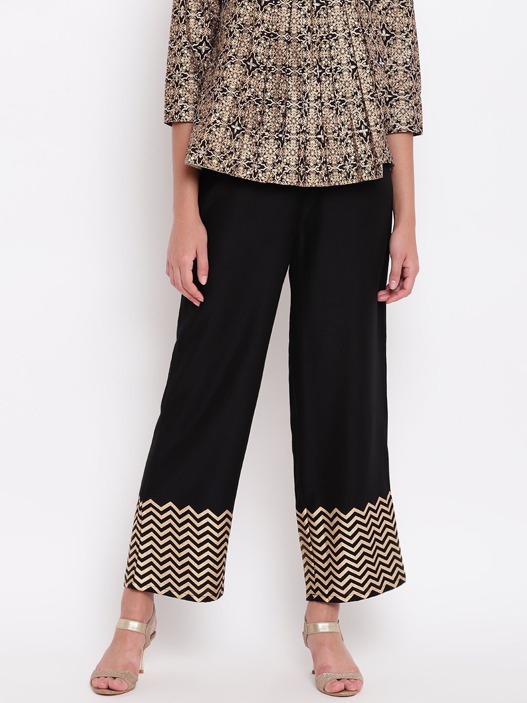 

Be Indi Women Black & Beige Solid Wide Leg Palazzos