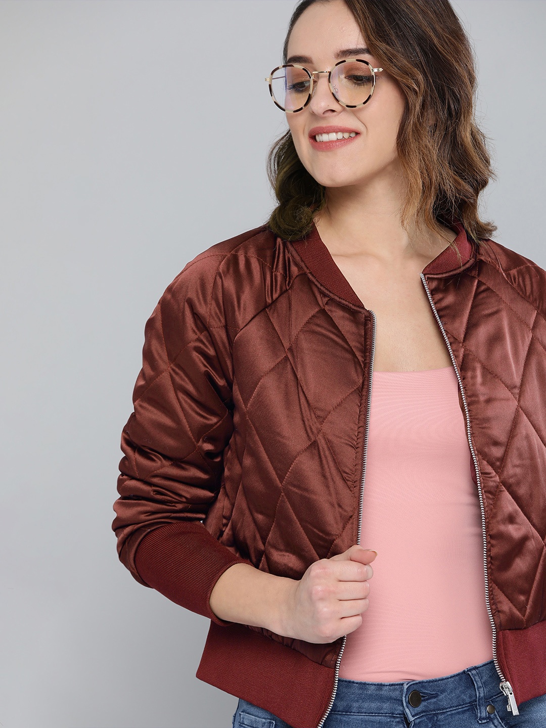 

Mast & Harbour Women Solid Satin Finish Quilted Jacket Jacket, Burgundy