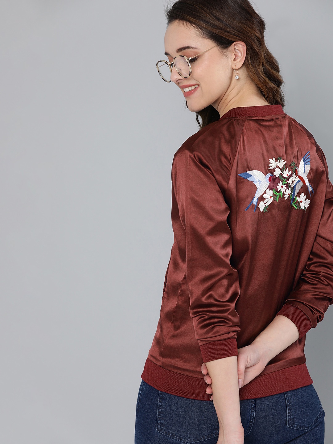 

Mast & Harbour Women Solid Satin Finish Embroidered Bomber Jacket, Burgundy