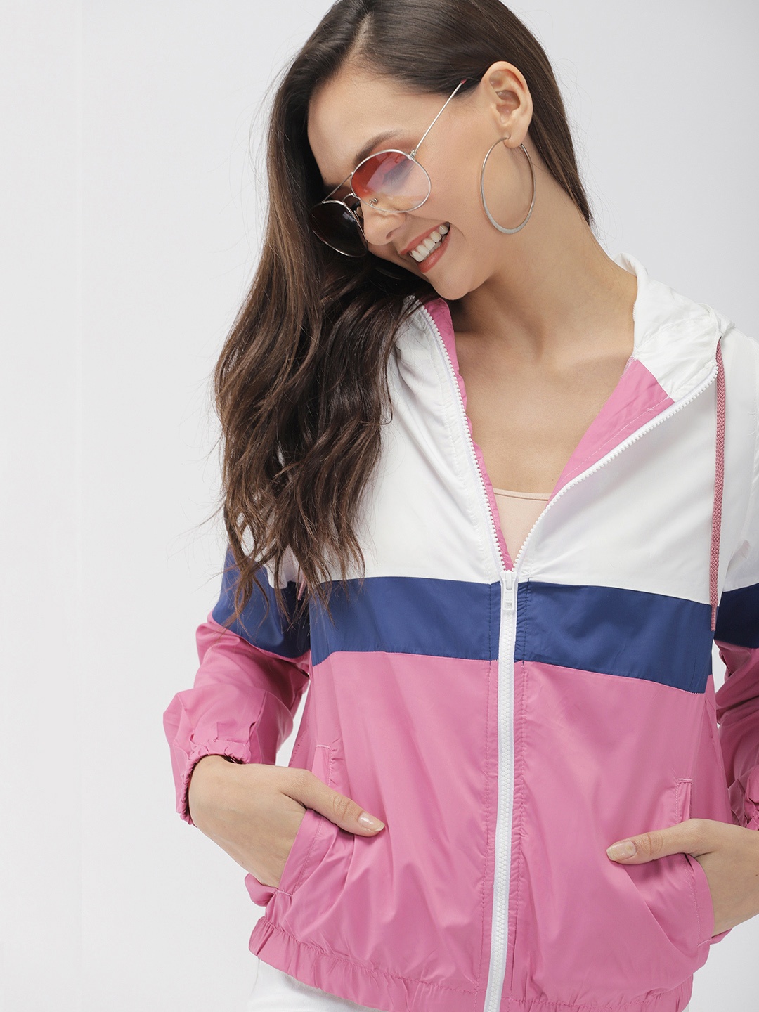 

Mast & Harbour Women White & Pink Colourblocked Lightweight Bomber Jacket