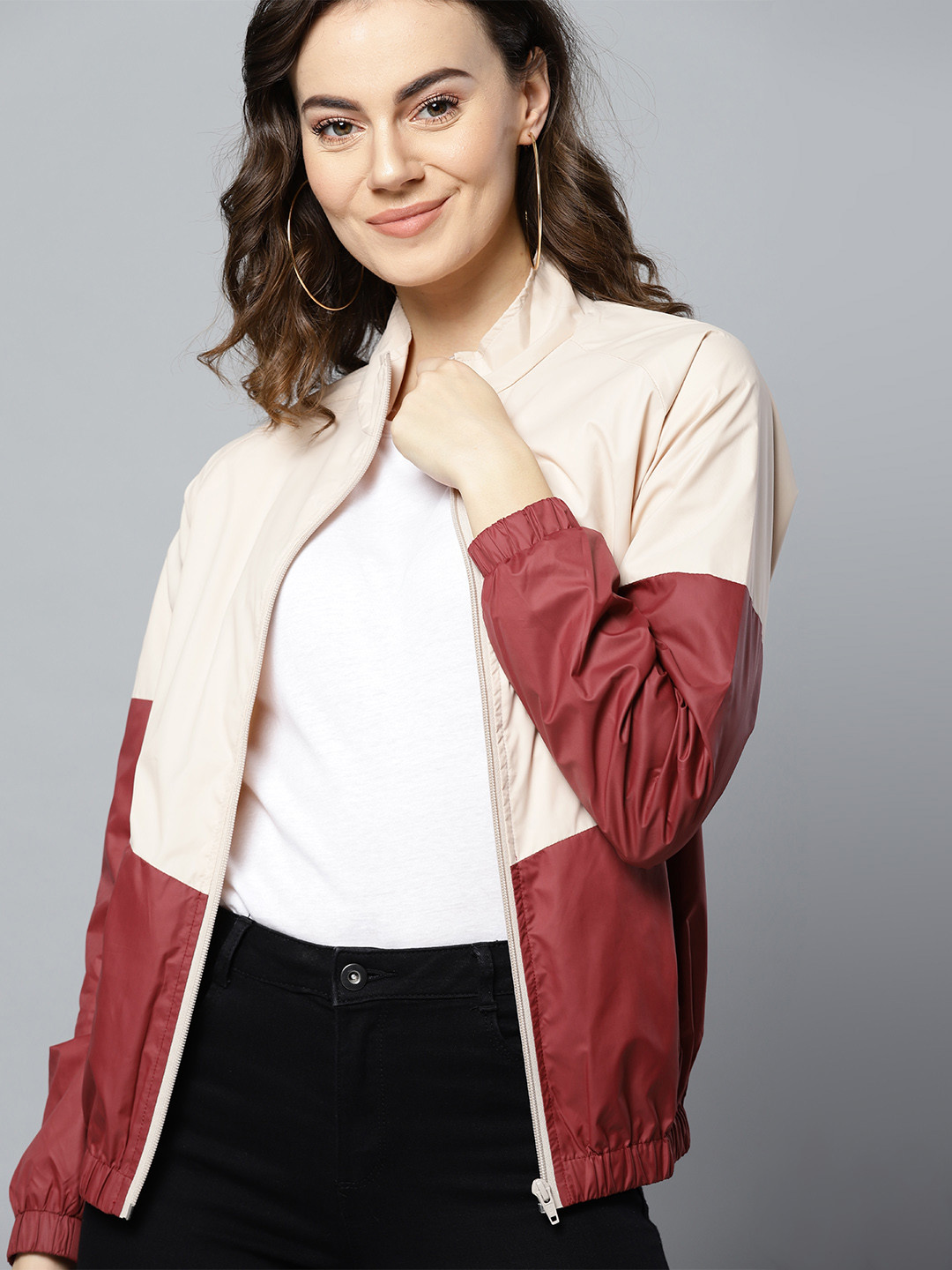 

Mast & Harbour Women Beige & Rust Red Colourblocked Lightweight Bomber Jacket