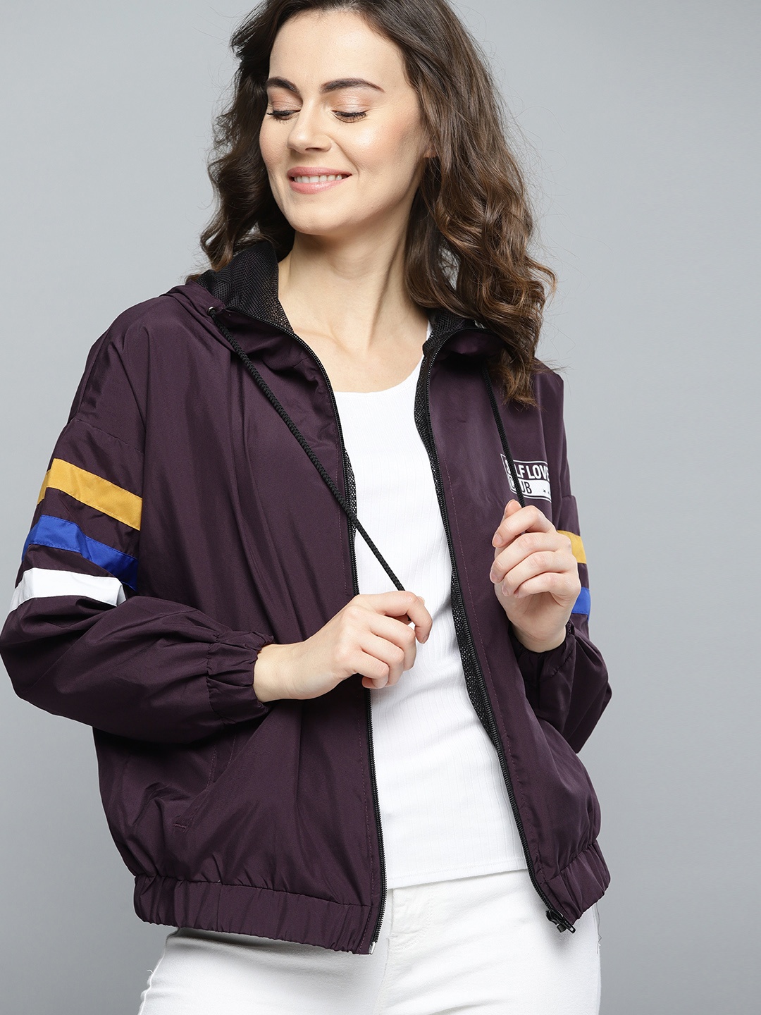 

Mast & Harbour Women Burgundy Solid Lightweight Hooded Bomber Jacket