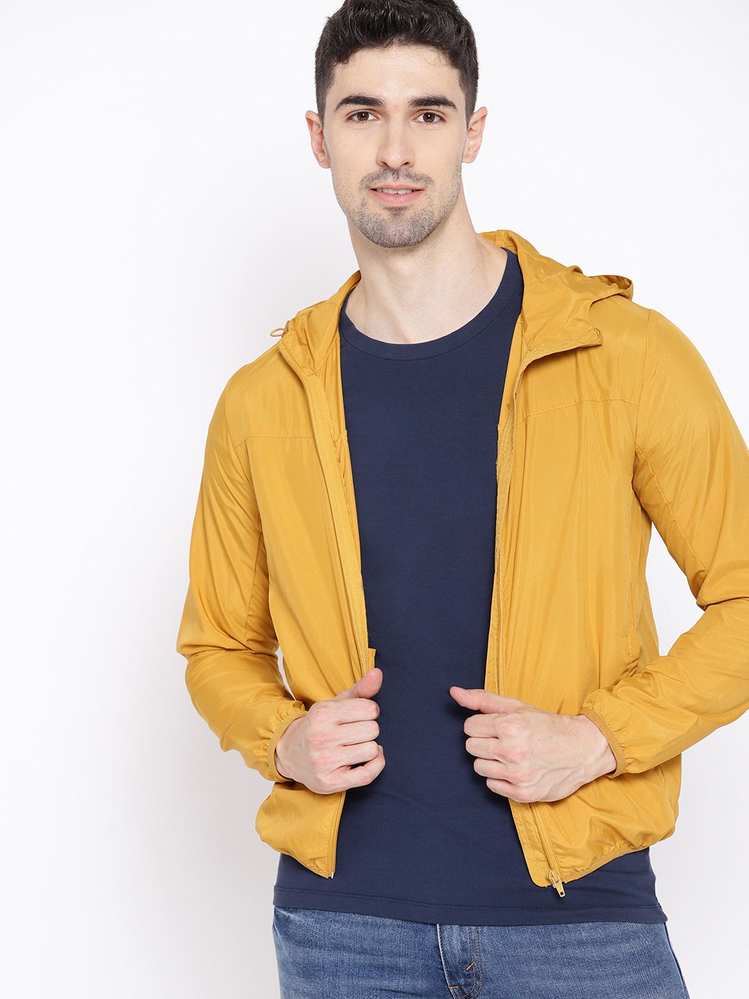 

Mast & Harbour Men Mustard Yellow Solid Hooded Lightweight Jacket